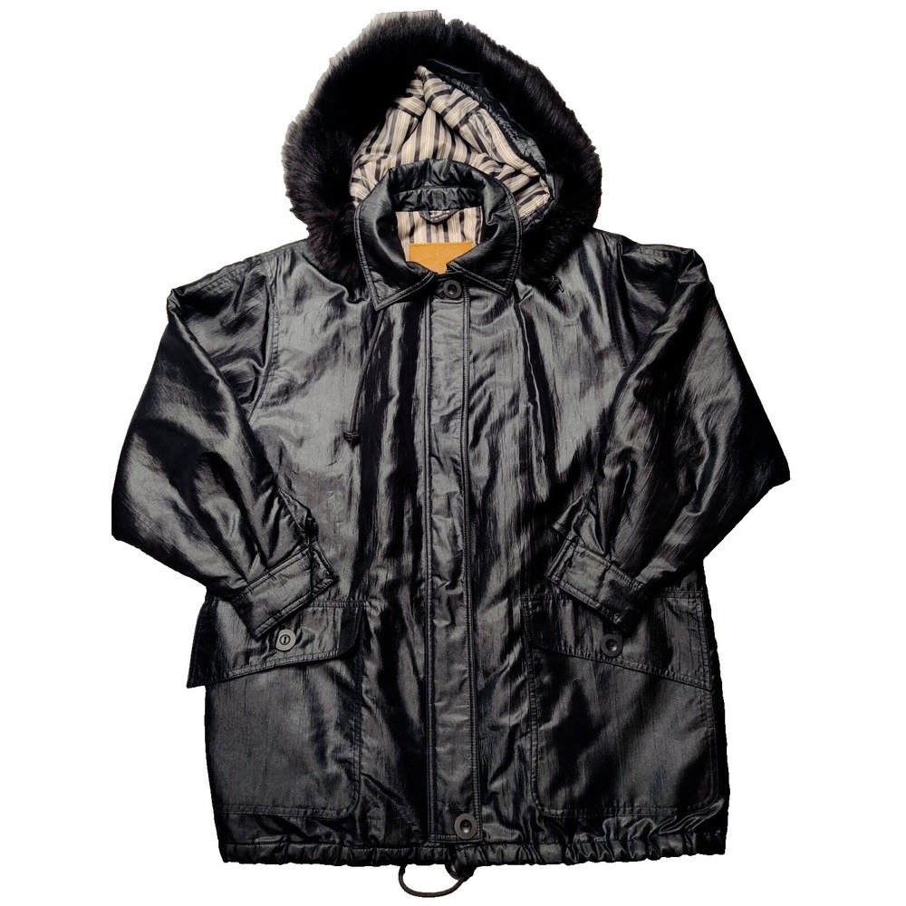 VTG J.G. HOOK Women 4 (LARGE) Black Zip Lined Removable Fox Fur Trim Hood Jacket